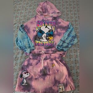 Justice Girls size 7/8 Snoopy sweatshirt hoodie and skort! Tie dyed! Super cute!